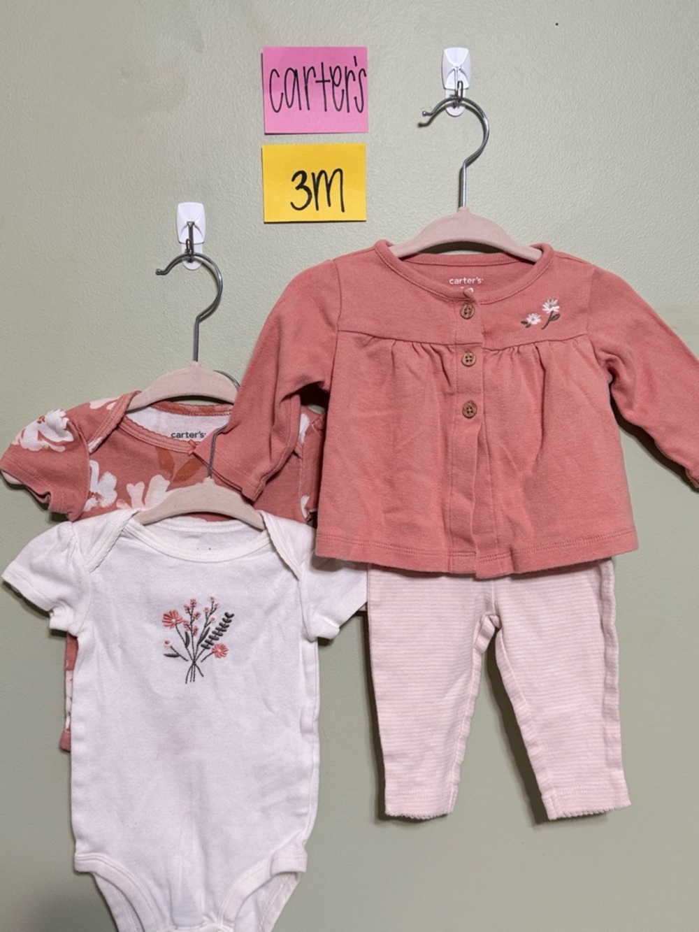 NWOT Carter's Pink Floral 4-Pc. Infant Outfit, 2 Onesies, Cardigan, Leggings, 3M